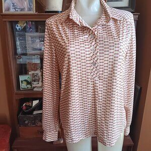 Vintage Womens Top Medium 1970's Stretch Polyester Bone Print Hippy Mom COllared